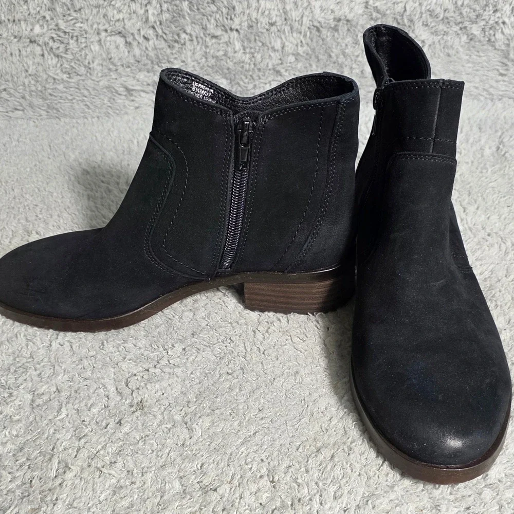 Lucky‎ Brand Black Suede Ankle Boots Distressed Side Zip Block Heel 6.5 M NEW